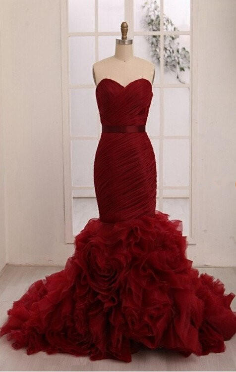 chinese dress ladies Burgundy Sweetheart Mermaid Sequin Prom Dress with high split – Ballbella main image 0