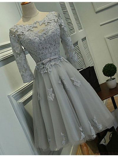 Gray Short Homecoming Dress With Full Sleeves
