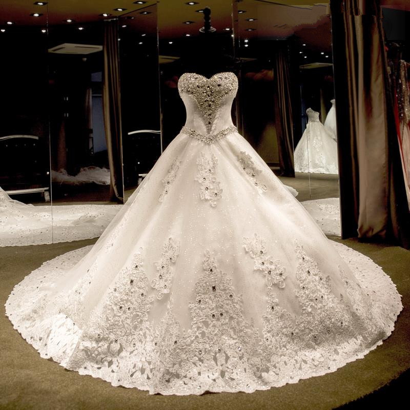 Bling Bling Wedding Dresses With Black Lace Applique Sweetheart Strapless  Gown