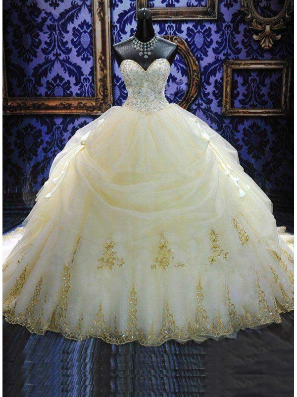Ball Gown Sweetheart Appliques Cathedral Wedding Dress
