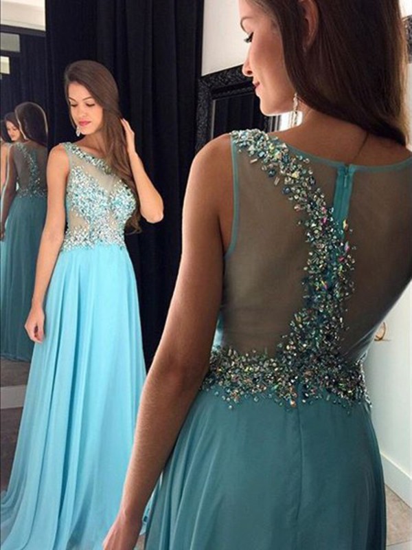 Chiffon See-through Pageant Prom Dress With Rhinestones