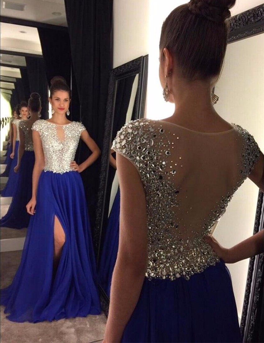 Royal Blue Chiffon Prom Dresses Sheer Back Evening Gowns