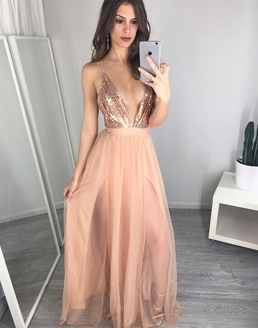 Sexy V Neck Backless Prom Dress With Sequin Chest