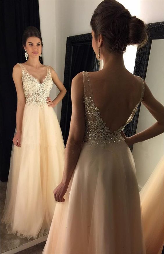 Sexy V Neck Beaded Prom Dress with Low Back