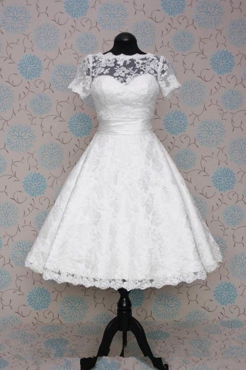 Modest Lace Tea Length Wedding Dress With Short Sleeves