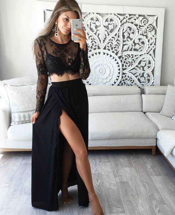 Black 2 Pieces Maxi Dress With High Slit on Luulla