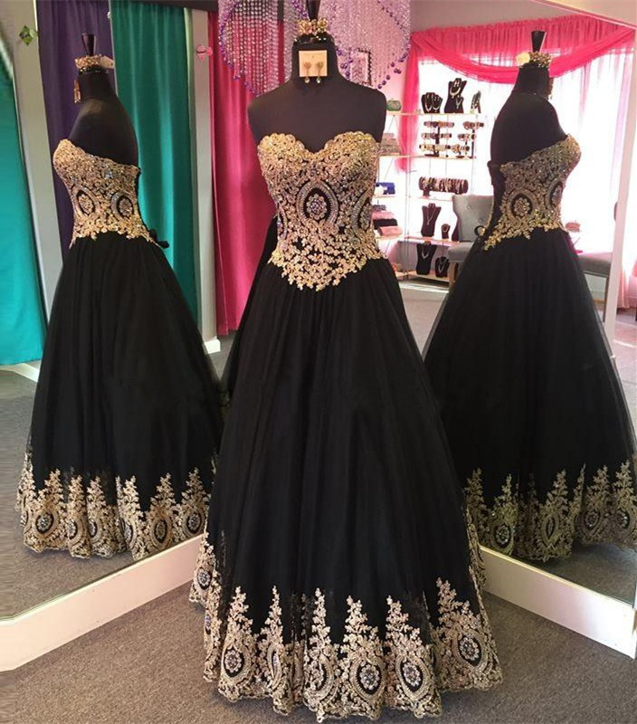 Long Sleeveless Corset Black Prom Dress With Gold Appliques