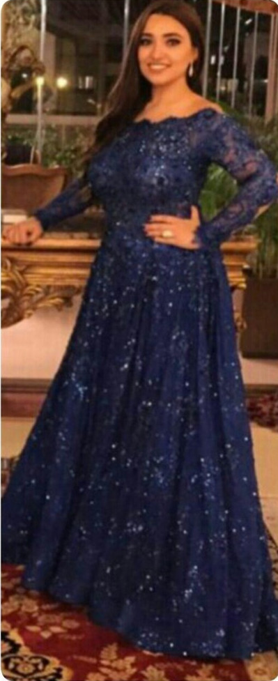 Long Sleeves Navy Glitter Lace Formal Occasion Dress