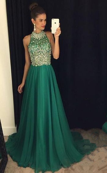 Jeweled Emerald Green Chiffon Prom Dress With Keyhole Back