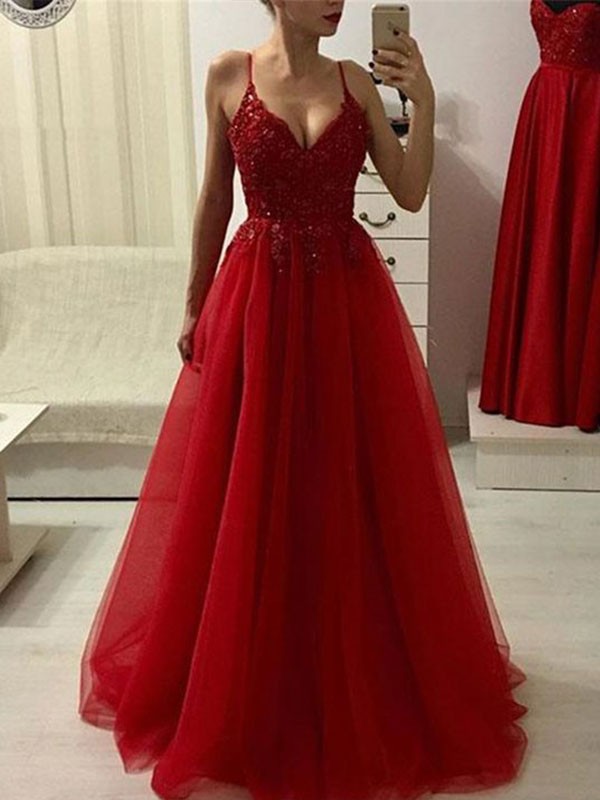 Spaghetti Straps V Neck Long Red Prom Dress