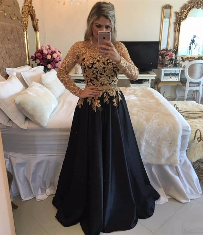 Long Sleeves Black Prom Dress With Gold Beaded Bodice on Luulla