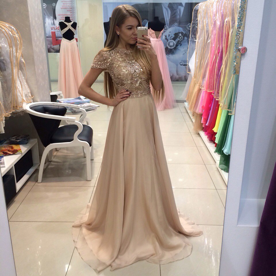 Sparkle Long Beaded Chiffon Prom Dress With Cap Sleeves
