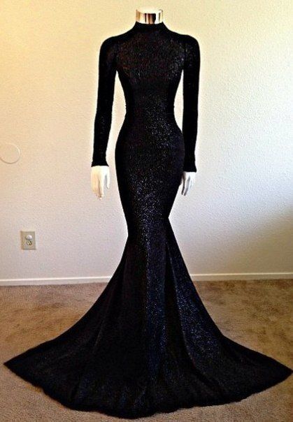 Modest High Collar Black Sequin Dress With Long Sleeves