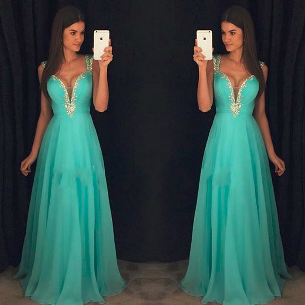 Long Ice Blue Chiffon Prom Dress With Ruch Bodice