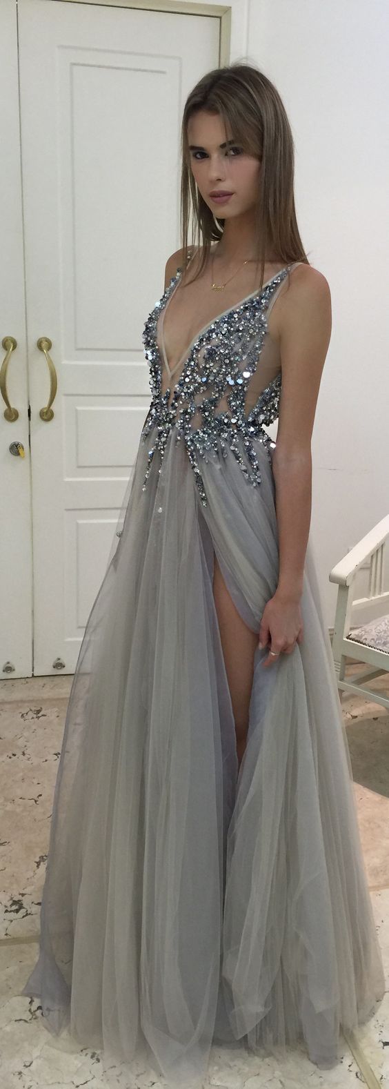 Floor Length V Neck Beaded Prom Dress With Side Slit