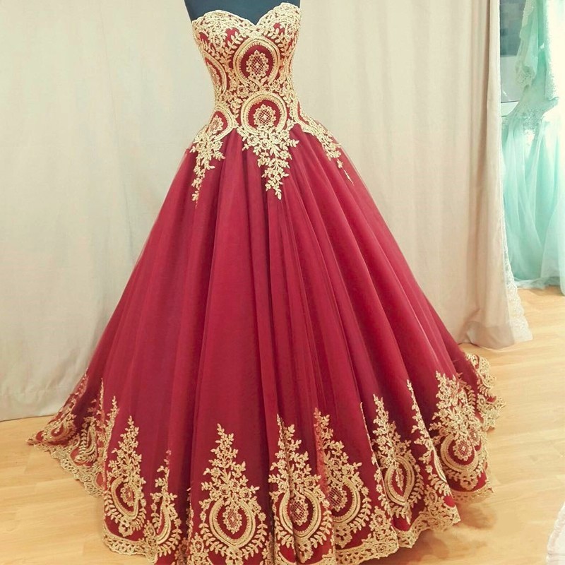 Sleeveless Ruby Ball Gown Prom Dress With Gold Appliques