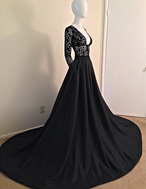 Sheer Lace Bodice Black Prom Dress With Long Sleeves