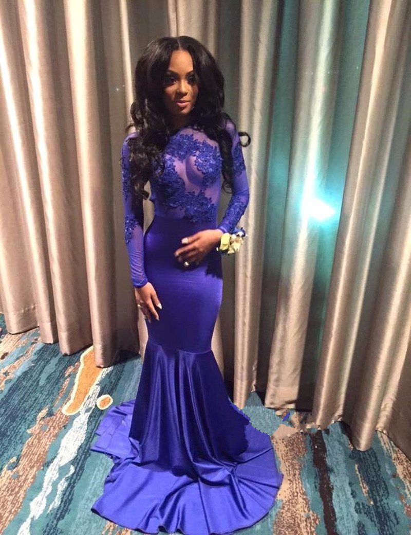 Open Low Back Royal Blue Mermaid Prom Dress With Long Sleeves on Luulla