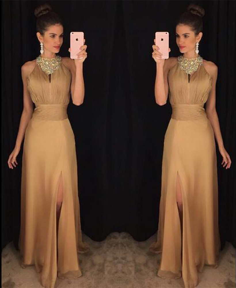 Formal Occasion Dress Jewled Halter Long Chiffon Prom Dress With Side ...