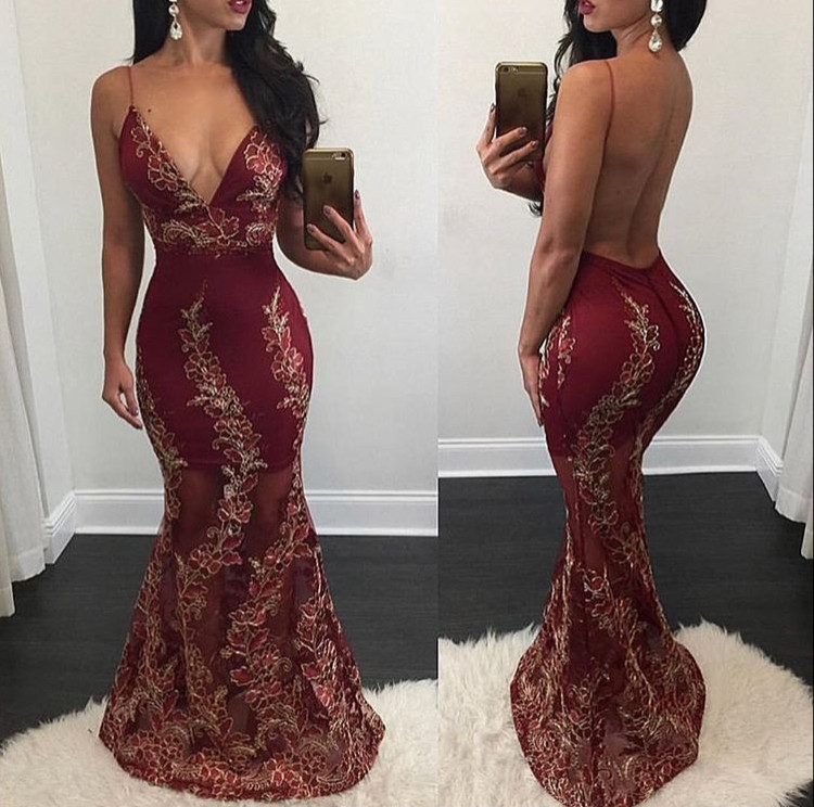 V Neck Mermaid Prom Dress With Gold Appliques