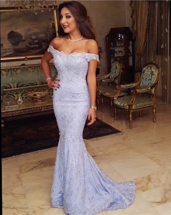 Light Blue Off The Shoulder Mermaid Formal Prom Dress
