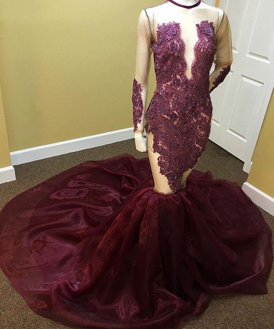 Long Sleeve Maroon Organza Mermaid Prom Dress With Illusion Bodice