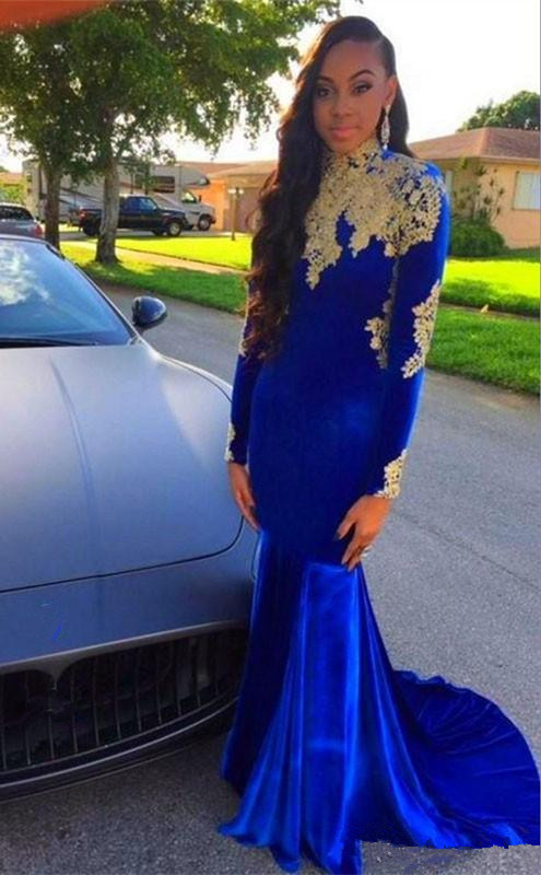 Long Sleeve High Collar Royal Blue Velvet Prom Dress With Open Back