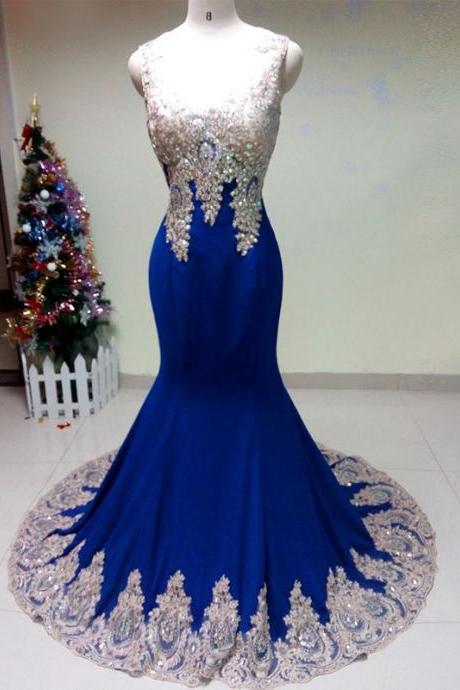 Illusion V Neck Royal Blue Prom Dress With Silver Appliques