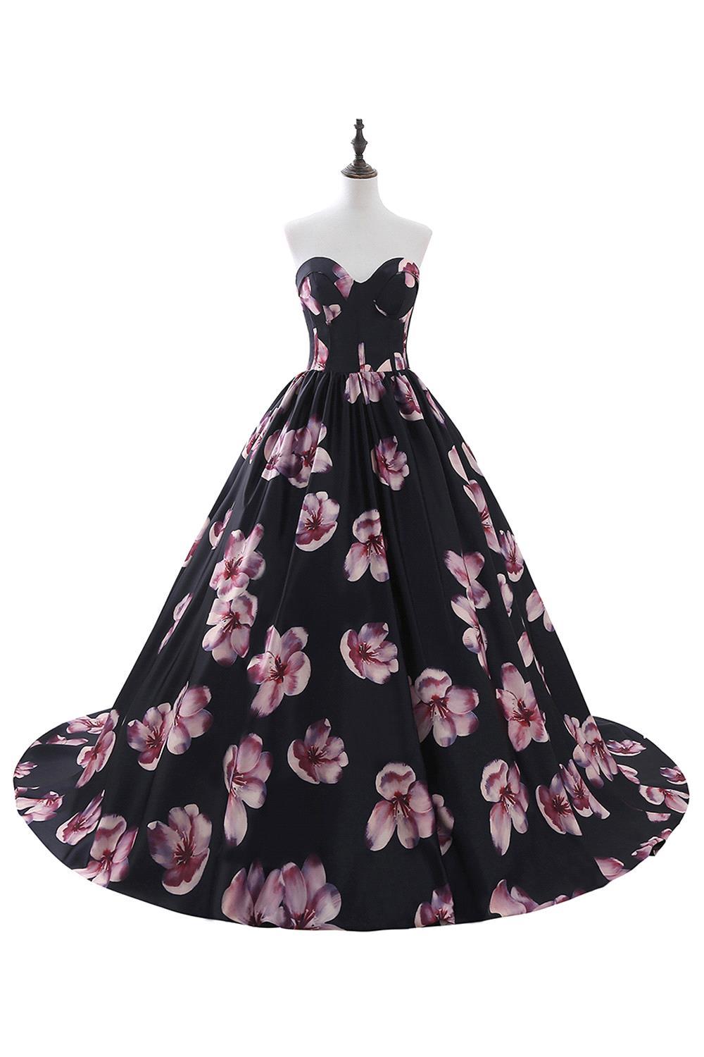 Sweetheart Floral Print Ball Gown Featuring Back Corset