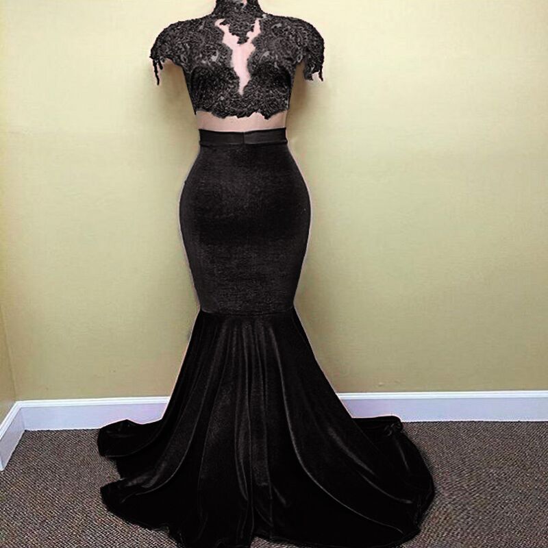 Black Velvet 2 Piece Prom Dress With Lace Top
