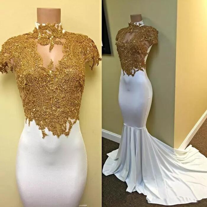 Sexy Gold Mermaid Halter Appliques Prom Dress with Beadings