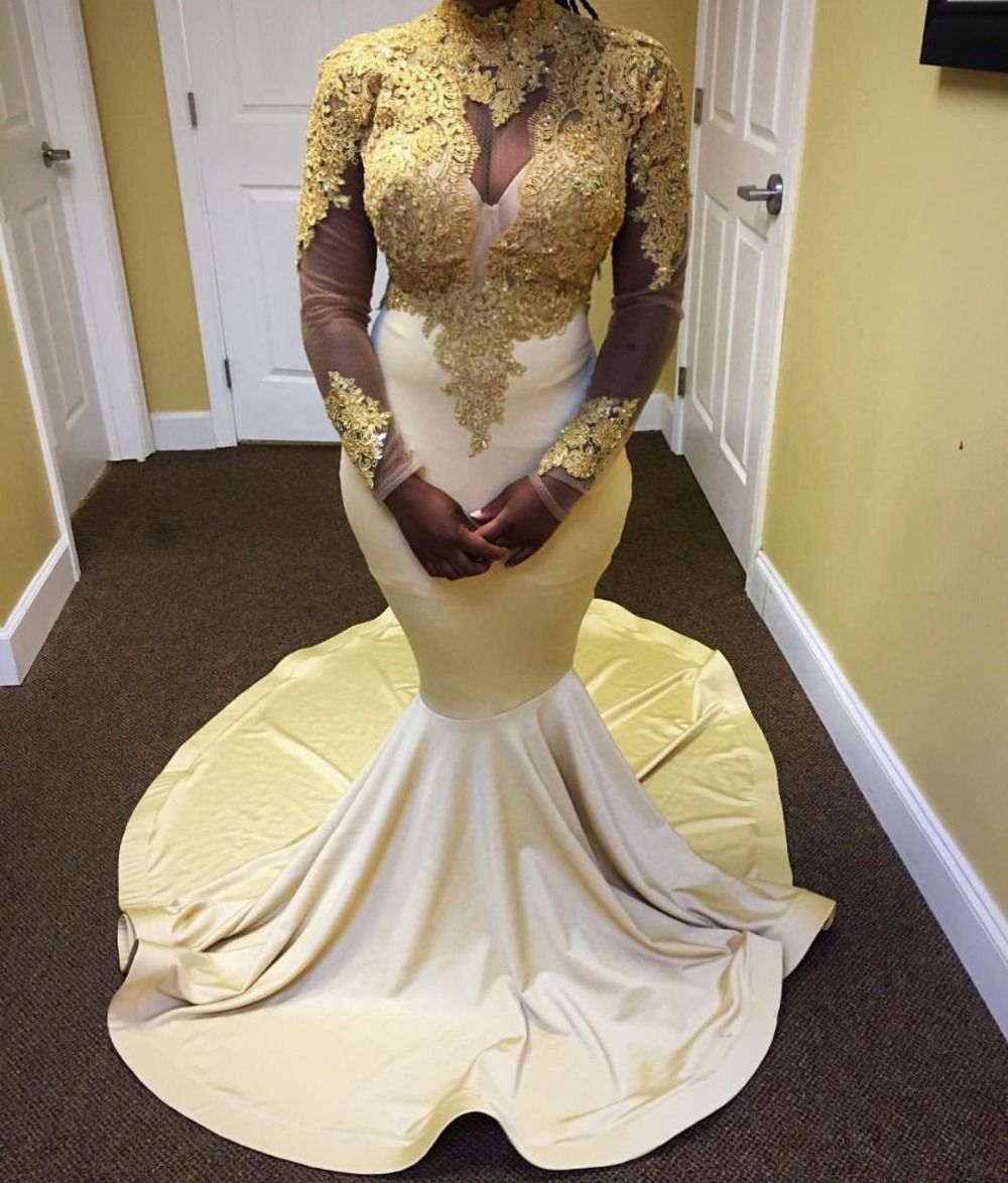 Long Sleeves Mermaid Prom Dress With Gold Appliques