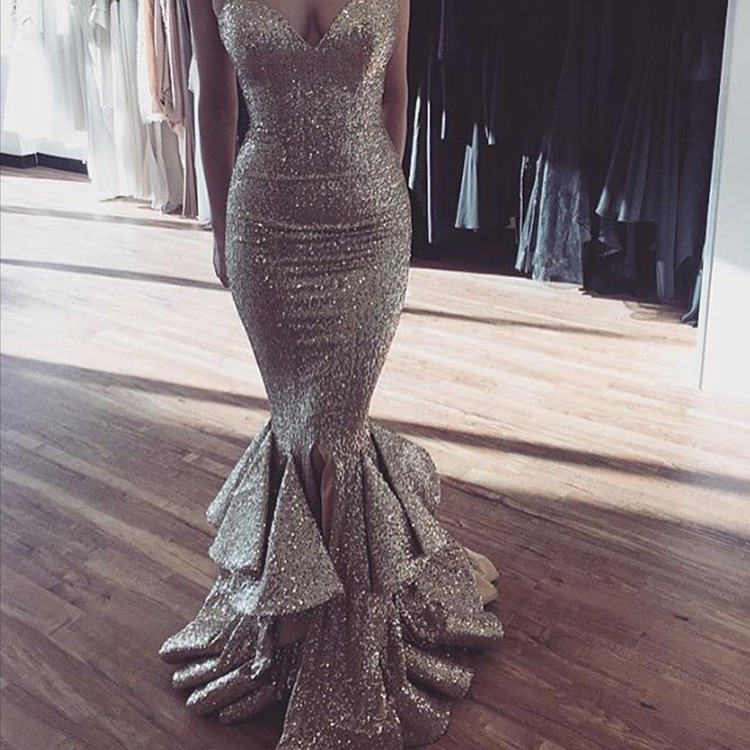 Sleeveless Silver Sequin Mermaid Prom Dress With Split