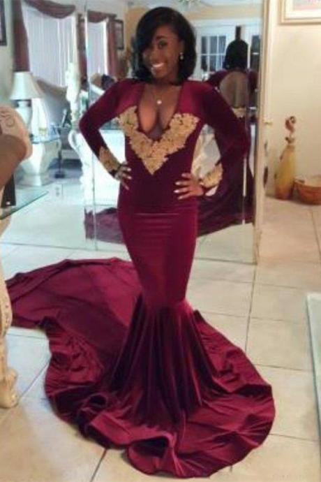 Open Back Long Sleeves Mermaid Prom Dress With Gold Appliques