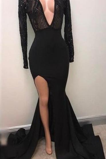 Black Prom Dress Plunging Neck Long Sleeves Graduation Party Dress With Side Split