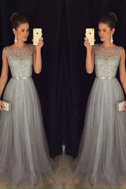 Prom Dress Grey Tulle Evening Dress With Beading