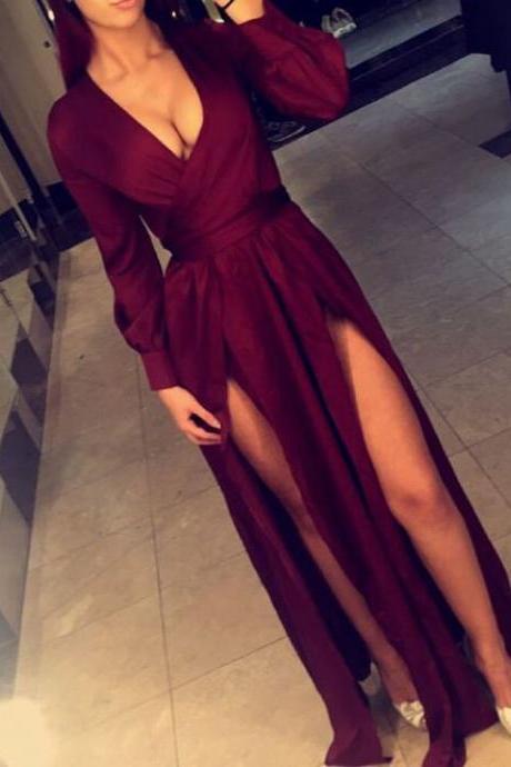 Long Sleeves V Neck Maxi Dress With Side Splits