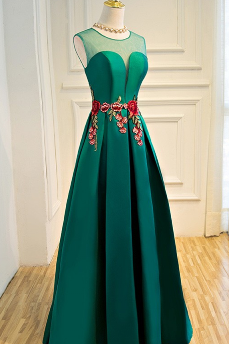 Emerald Green Sleeveless Sheer Satin A-line Long Prom Dress, Evening Dress With Floral Embroidery And Lace-up Back