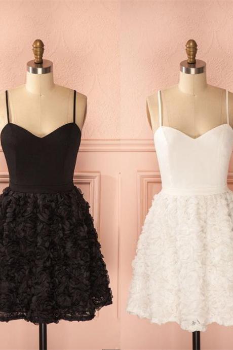 Little White/black Dress With 3d Rose Floral Skirt, Mini Dress, Party Dress, Graduation Dress, Homecoming Dress