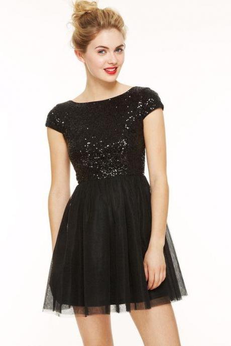 Cap Sleeves Black Sparkles Sequin Shor T Homecoming Dress
