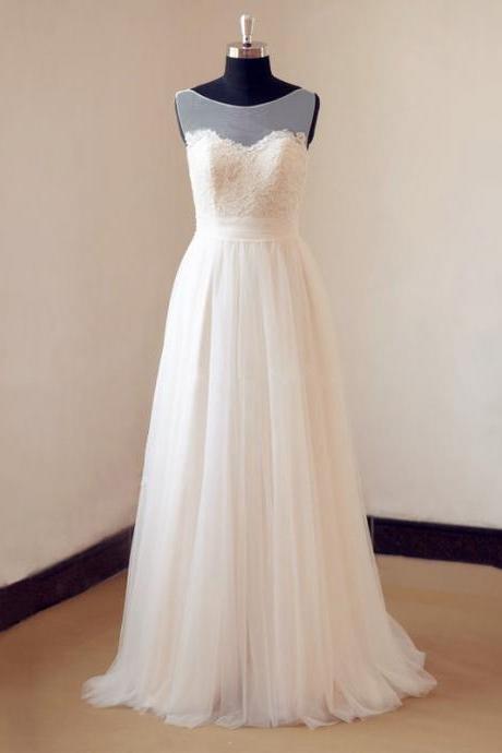 Ivory Tulle Lace Wedding Dress With Sheer Neckline