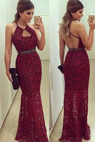 Dark Red Lace Evening Dress With Keyhole Neck