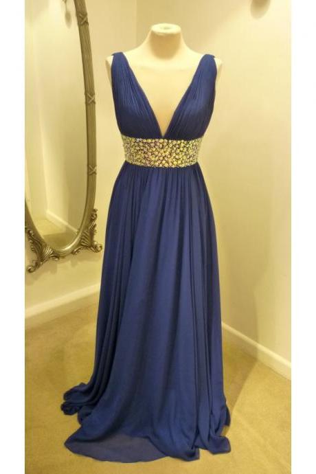 V Neck Royal Blue Long Chiffon Evening Dress With Beaded Waist