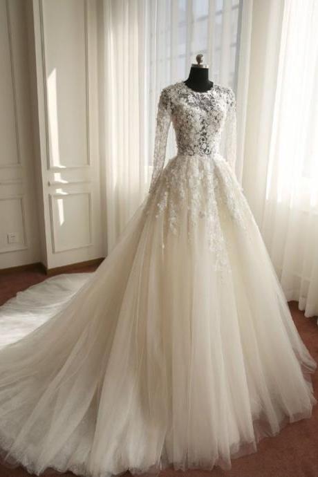Long Sleeves Ivory Tulle Wedding Dress With Sheer Bodice