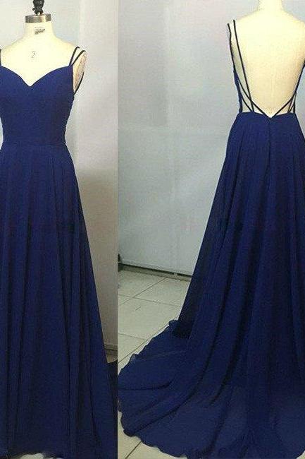 Open Back Long Chiffon Navy Blue Formal Occasion Dress With Doubled Spaghetti Straps