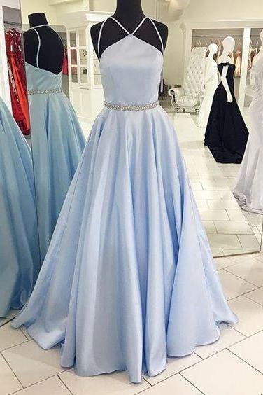 Light Blue Long Satin Prom Dress With Beaded Waist