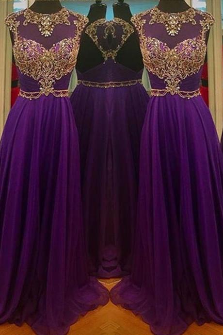 Illusion Neck Beaded Purple Prom Dress With Open Back