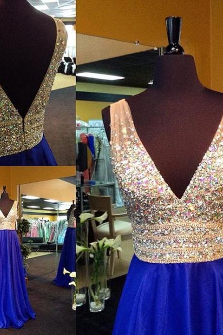 Royal Blue Beaded Prom Dress With Crystals