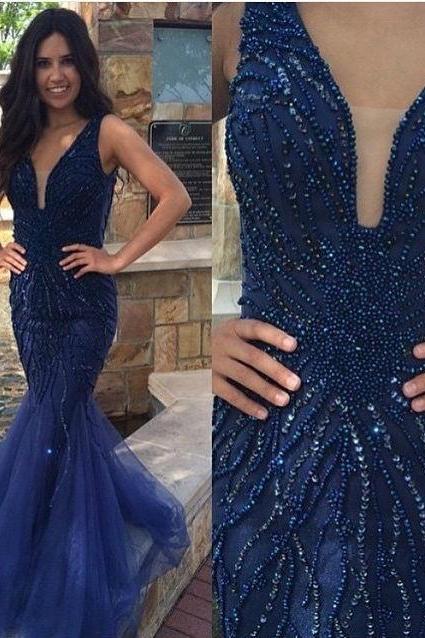 Plunging Neck Navy Mermaid Prom Dress With Beads