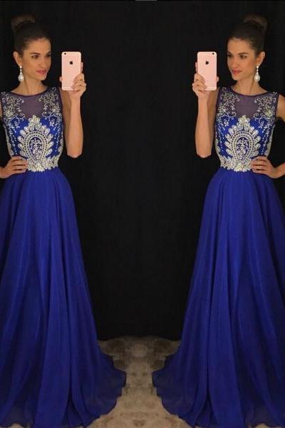Sheer Neck Long Royal Blue Prom Dress With Appliques